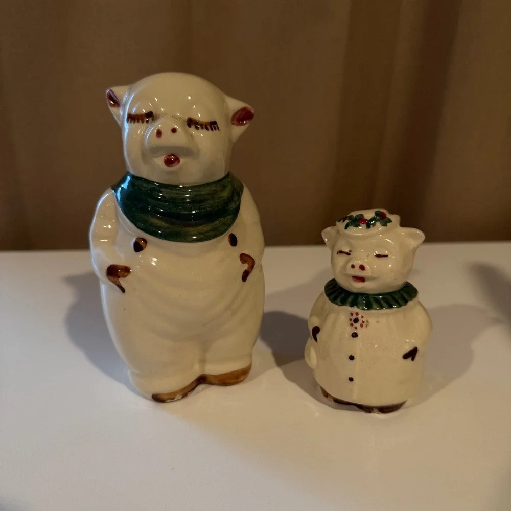 Vintage Ceramic Pig Salt Pepper Shakers Set‎ Cork Stoppers Novelty